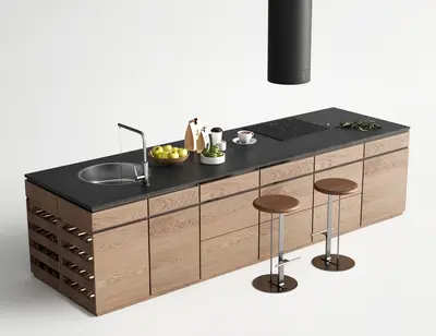 Minimalist Wood Island Table With Integrated Sink And Wine Rack 3d model