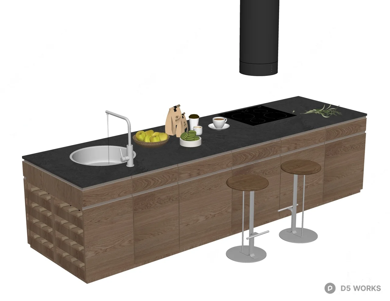 Minimalist Wood Island Table With Integrated Sink And Wine Rack 3d model thumbnail 2