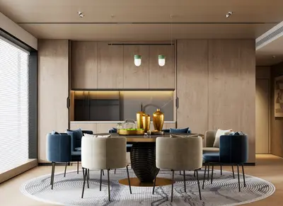 Modern Minimalist Dining Room with Wooden Paneling 3d model