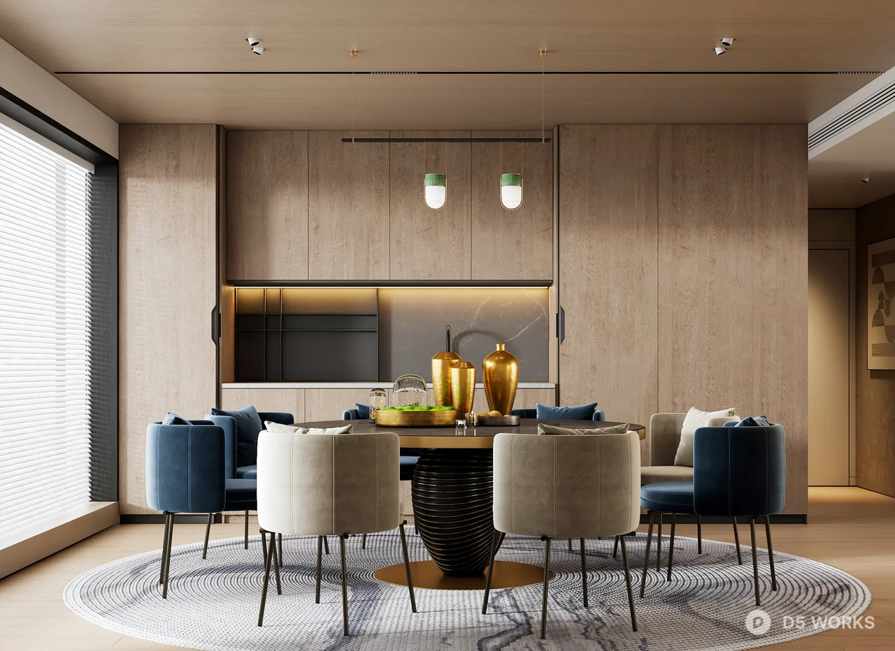 Modern Minimalist Dining Room with Wooden Paneling 3d model - Image 1