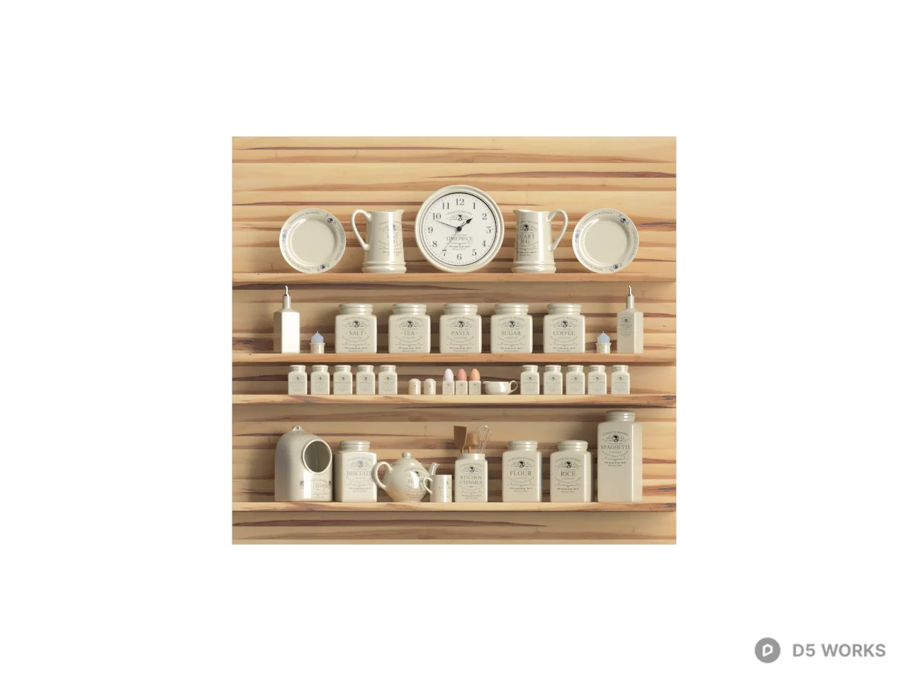 Wooden Wall Shelf With Ceramic Jars 3d model thumbnail 2