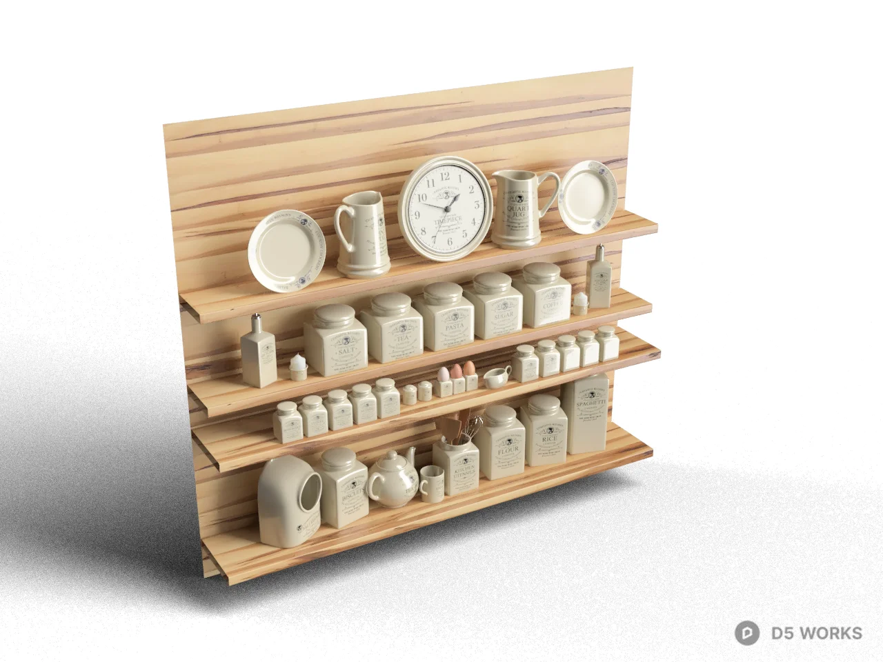 Wooden Wall Shelf With Ceramic Jars 3d model - Image 1