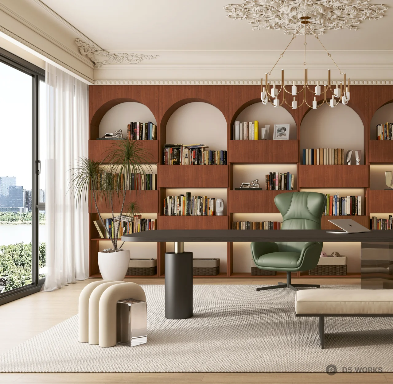 Classic Elegance Study Room With Arched Bookshelves And Green Leather Chair 3d model thumbnail 3