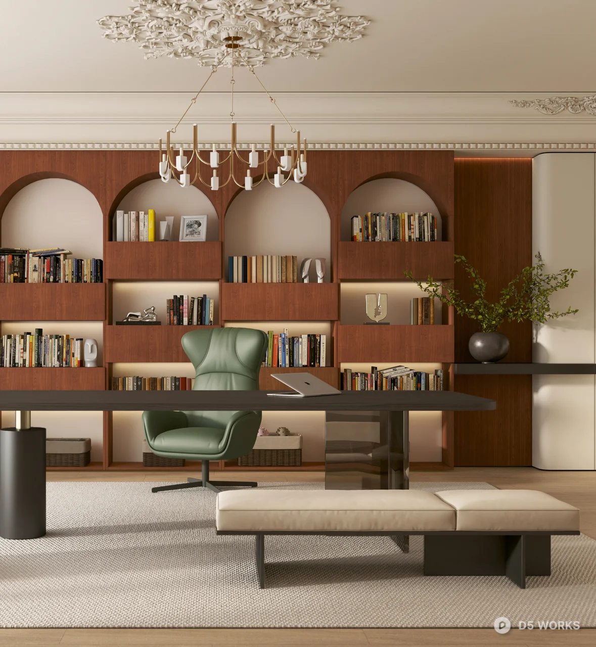 Classic Elegance Study Room With Arched Bookshelves And Green Leather Chair 3d model thumbnail 2