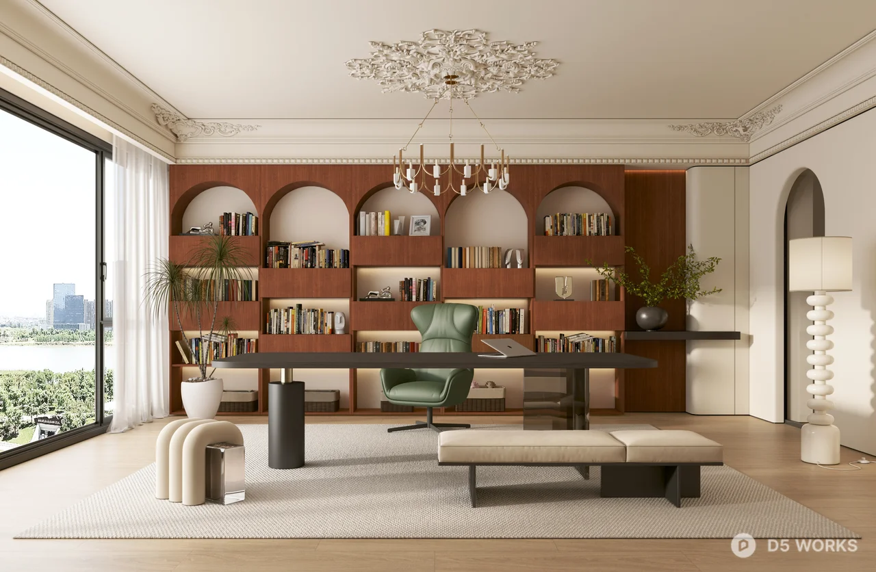 Classic Elegance Study Room With Arched Bookshelves And Green Leather Chair 3d model - Image 1