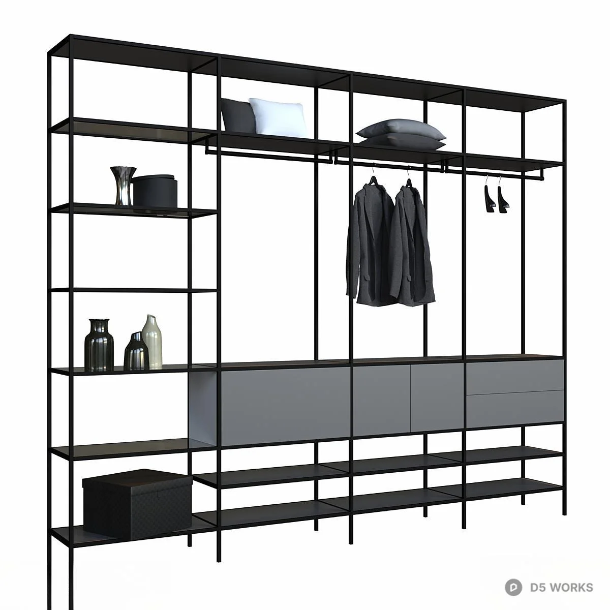 Minimalist Metal Frame Wardrobe System With Open Shelves And Closed Cabinets 3d model thumbnail 2