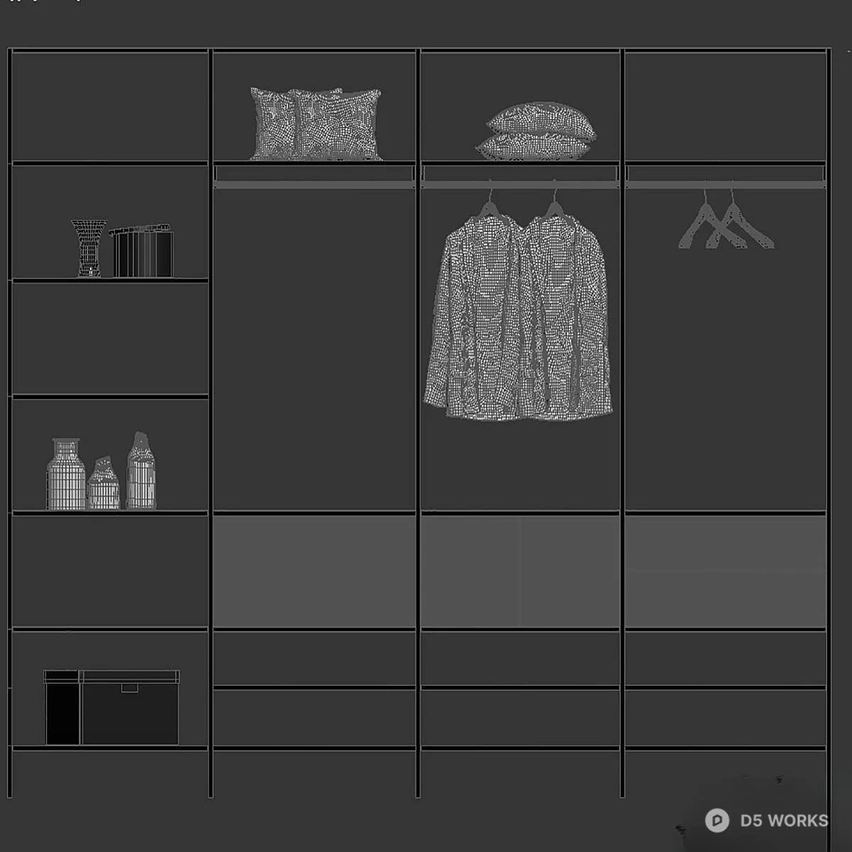 Minimalist Metal Frame Wardrobe System With Open Shelves And Closed Cabinets 3d model thumbnail 3