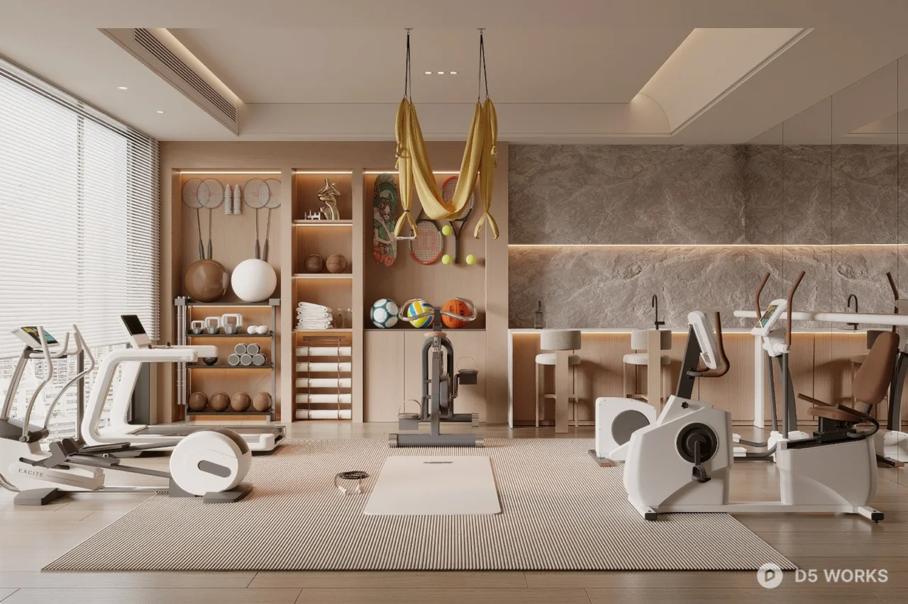 Modern Fitness Studio with Equipment and Storage 3d model - Image 1