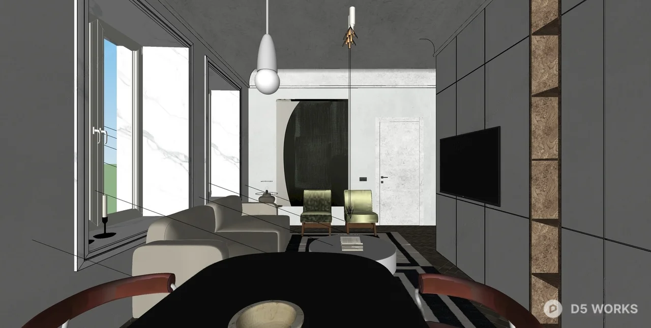 Modern Living Room with Geometric Rug and Velvet Chairs 3d model thumbnail 3