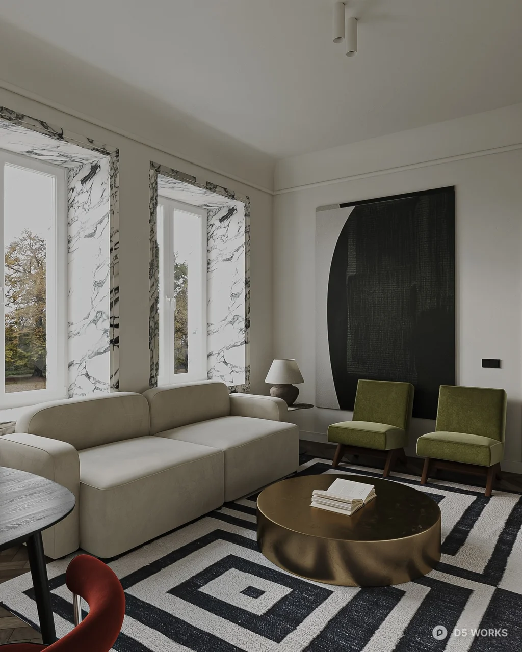 Modern Living Room with Geometric Rug and Velvet Chairs 3d model - Image 1