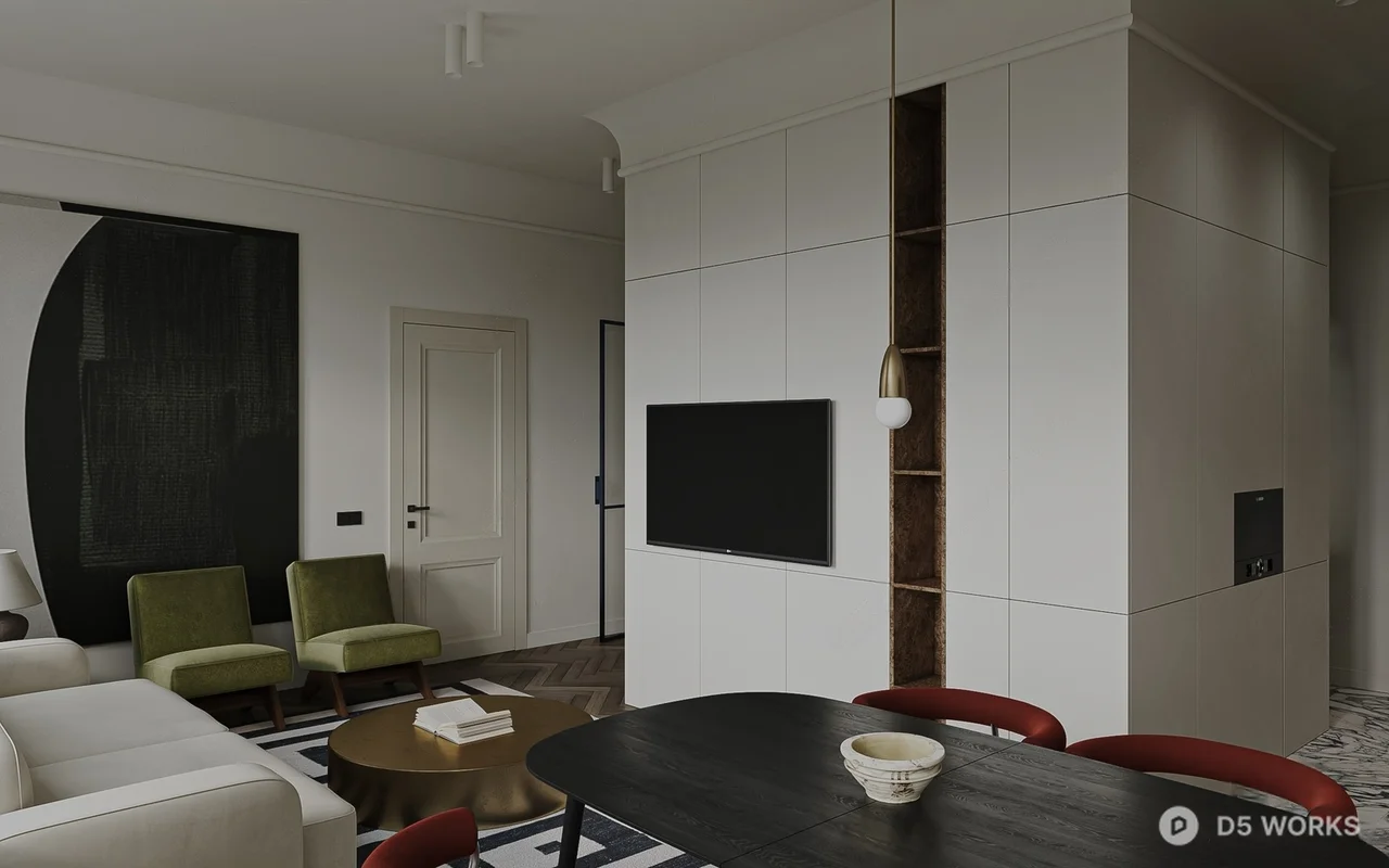 Modern Living Room with Geometric Rug and Velvet Chairs 3d model thumbnail 2