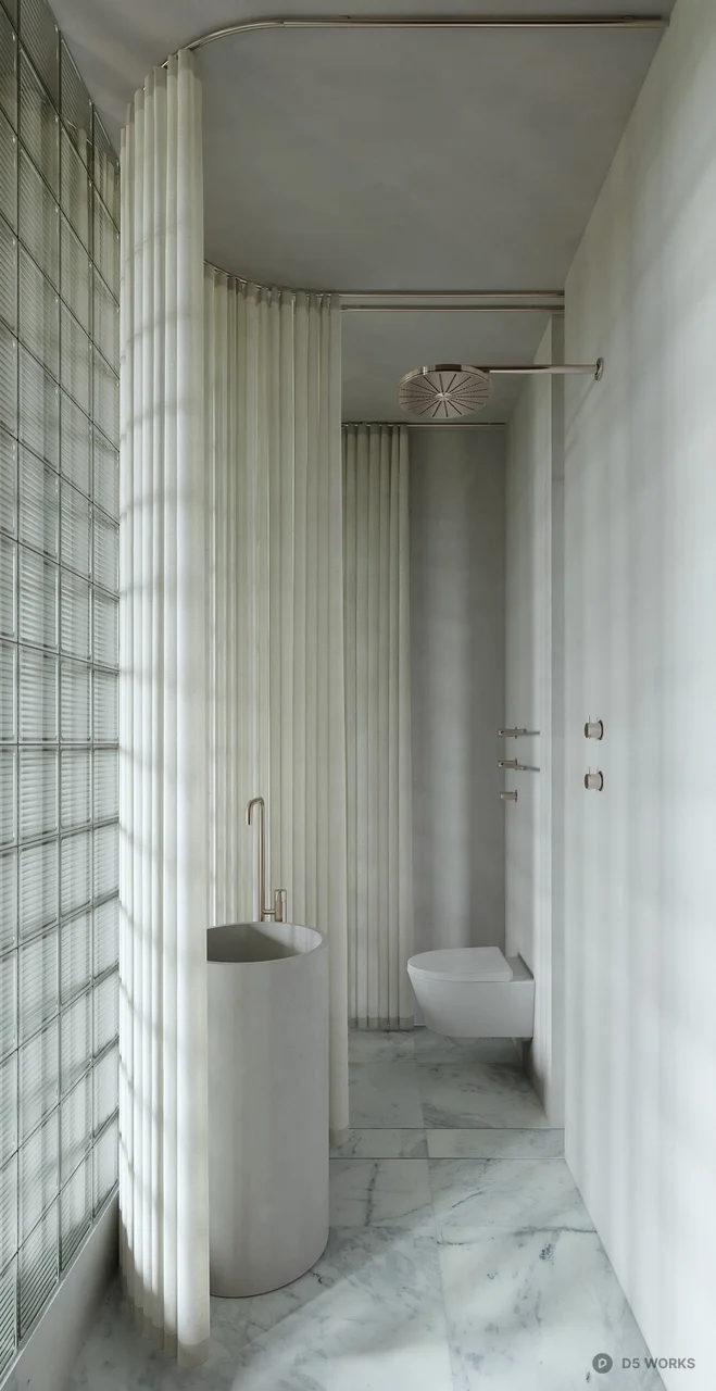 Minimalist Bathroom With Glass Block Wall And Curtain Partition 3d model - Image 1