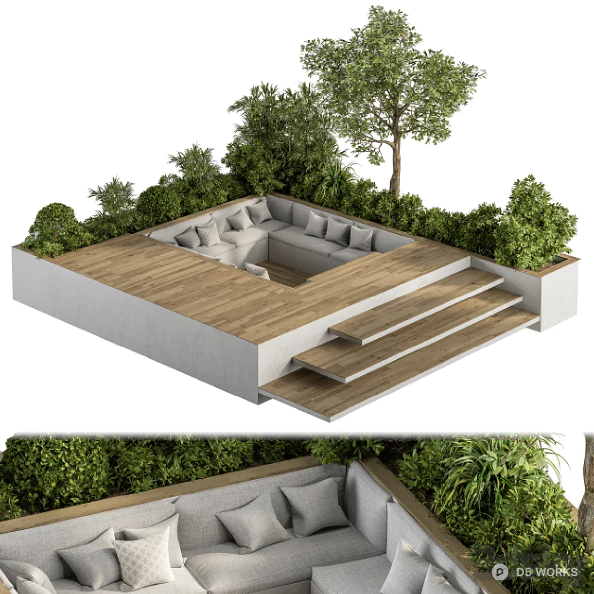 Modern Sunken Lounge Garden With Wooden Deck And Greenery 3d model - Image 1