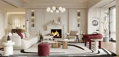 Modern French Living Room With Fireplace 3d model