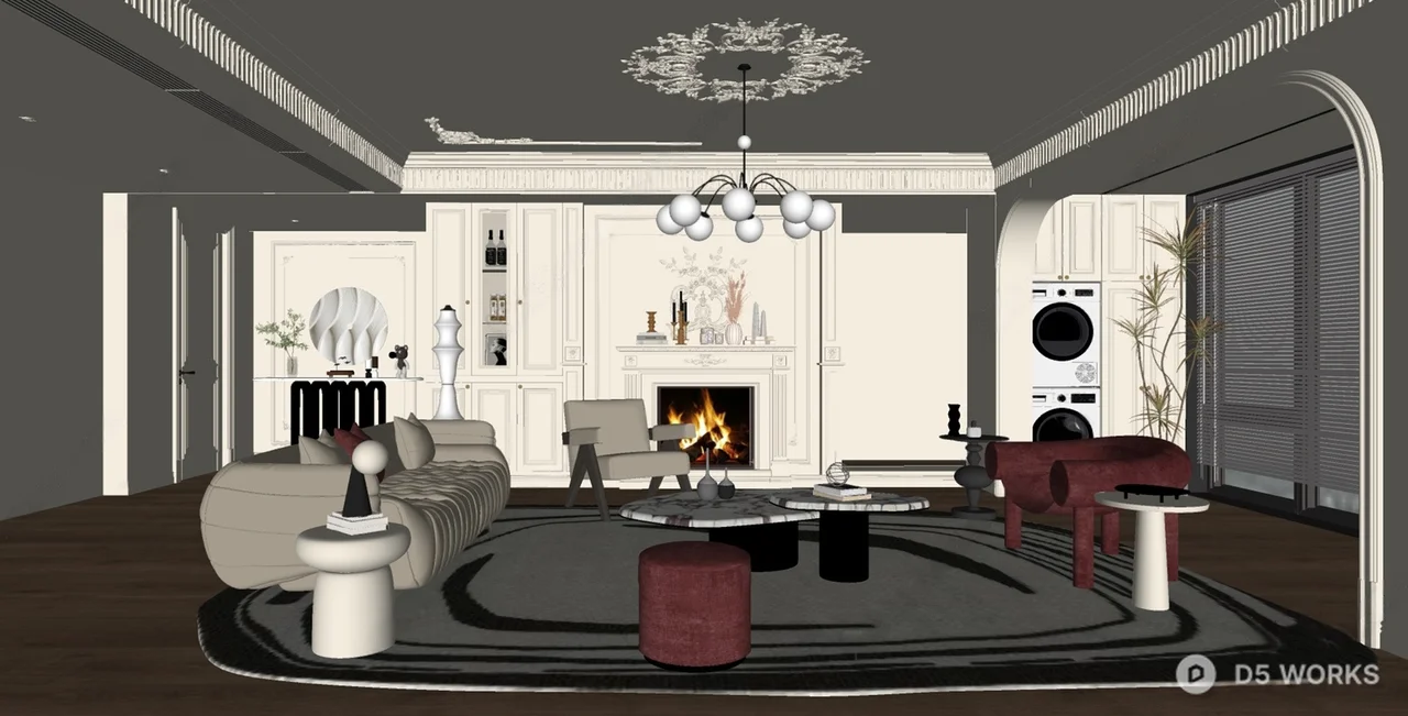 Modern French Living Room With Fireplace 3d model thumbnail 2