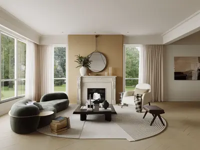 Modern Living Room with Curved Sofa and Fireplace 3d model