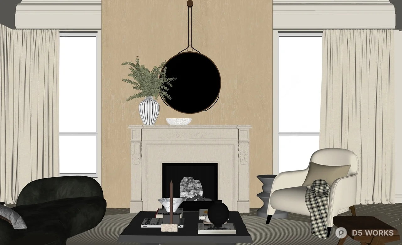 Modern Living Room with Curved Sofa and Fireplace 3d model thumbnail 2