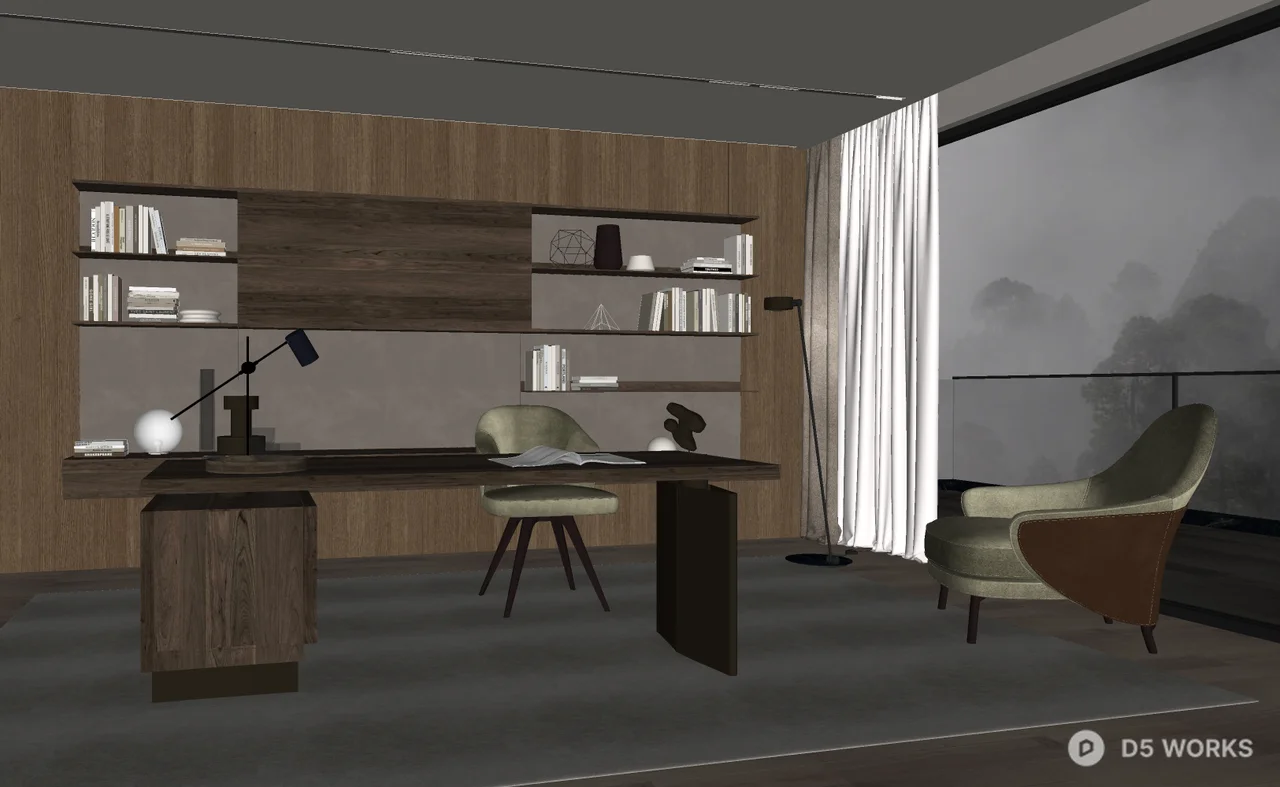 Modern Dark Wood Home Office Space 3d model thumbnail 2