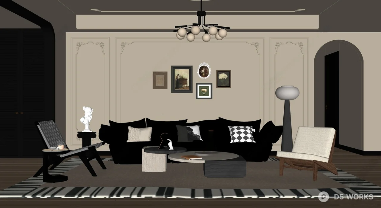 Modern Classic Living Room with Monochrome Palette 3d model thumbnail 2