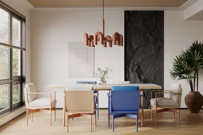 Minimalist Dining Room with Colorful Chairs 3d model