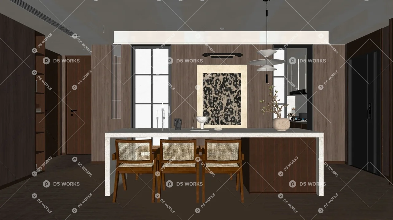 Mid-Century Modern Living & Dining Room 3d model thumbnail 2