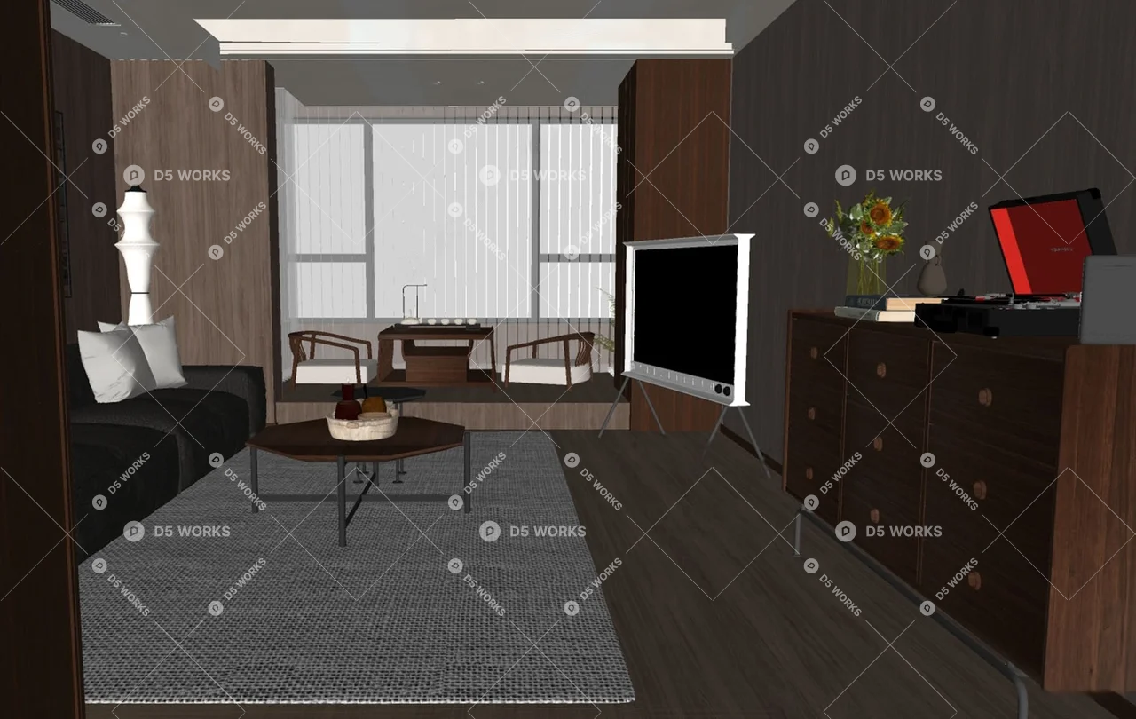 Mid-Century Modern Living & Dining Room 3d model thumbnail 3