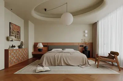 Minimalist Bedroom with Curved Ceiling and Wooden Floor 3d model
