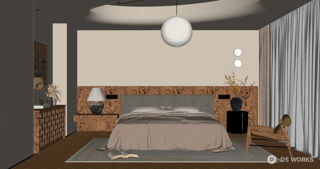 Minimalist Bedroom with Curved Ceiling and Wooden Floor 3d model thumbnail 2