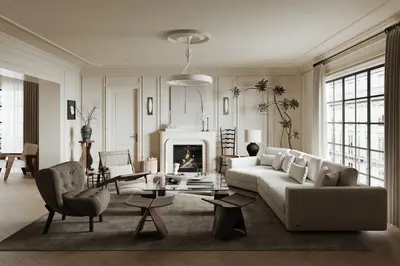 Mid Century Modern Living Room with Fireplace and Large Windows 3d model