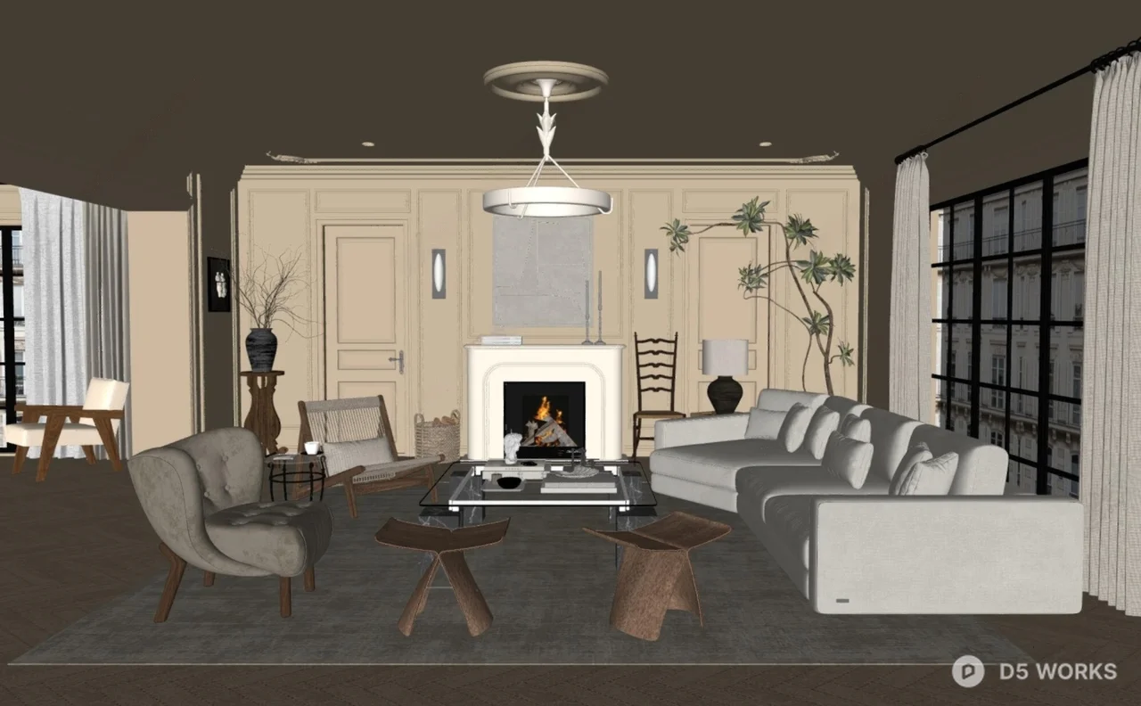 Mid Century Modern Living Room with Fireplace and Large Windows 3d model thumbnail 2
