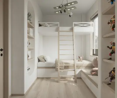Nordic Style Boy's Room with Bunk Bed and Built In Shelves 3d model