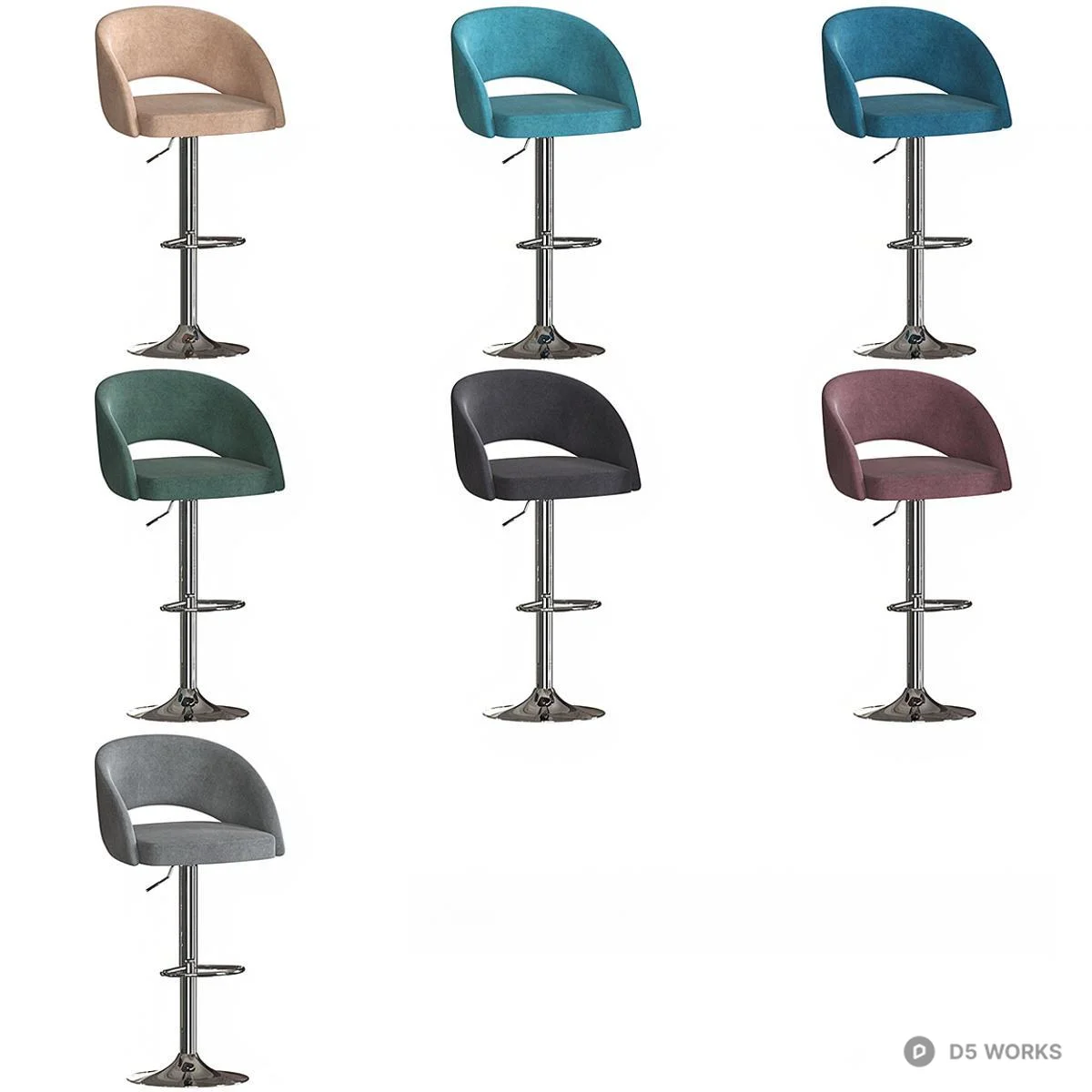 Velvet Upholstered Bar Stool With Chrome Base 3d model thumbnail 2