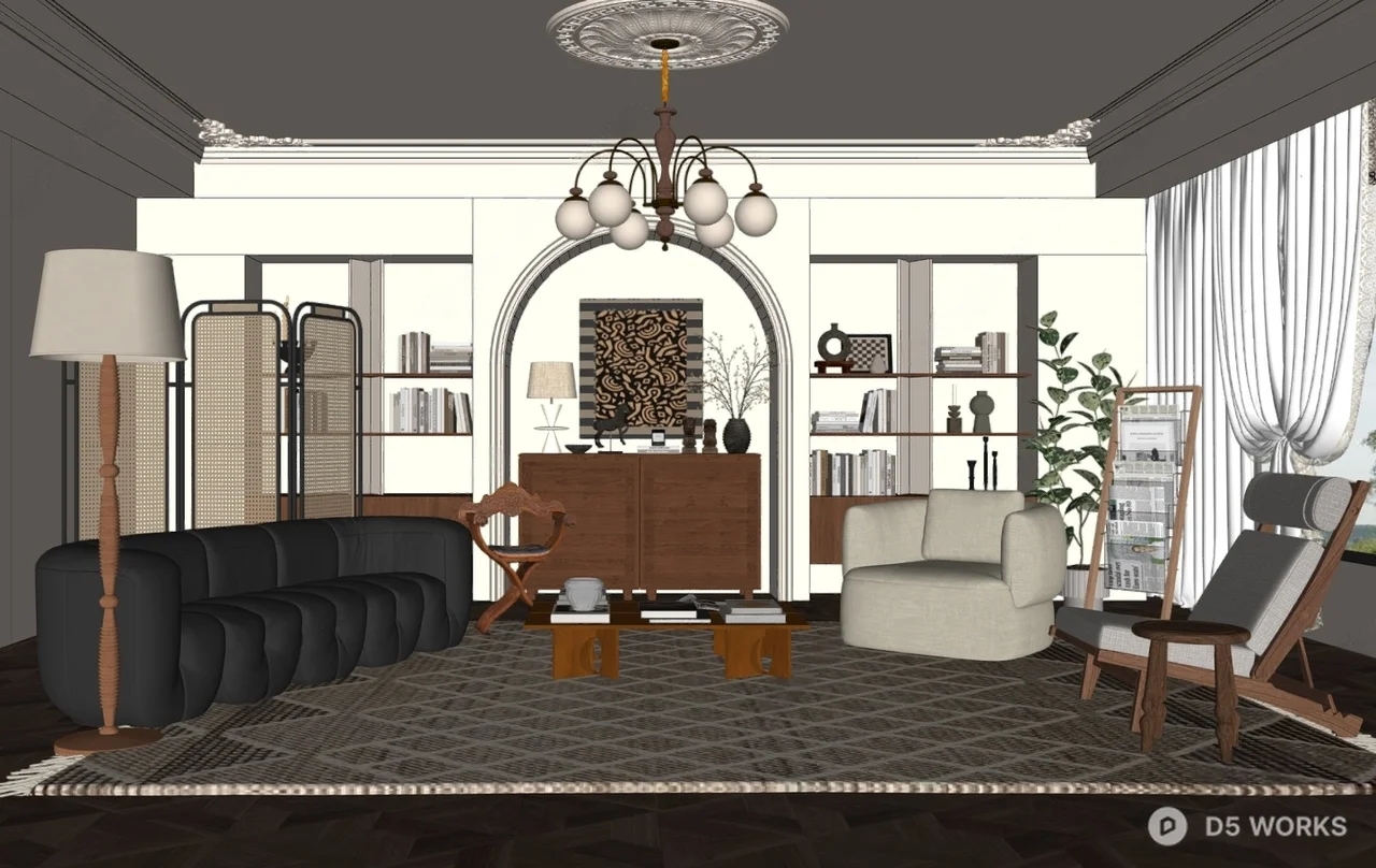 Mid Century Modern Living Room with Arched Accent Wall 3d model thumbnail 2