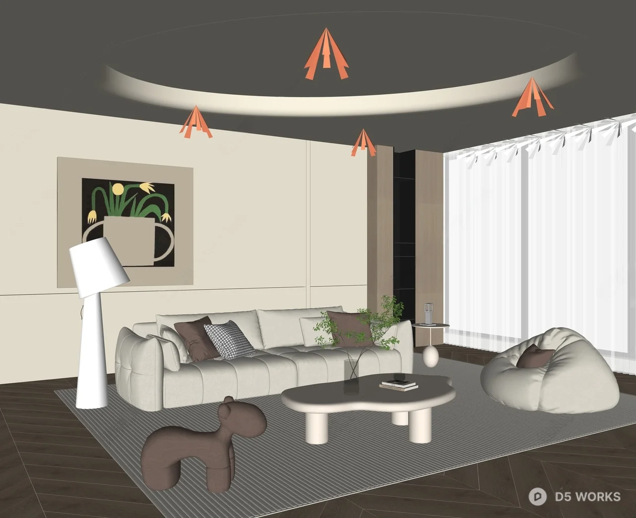 Minimalist Living Room with Curved Ceiling Light 3d model thumbnail 2