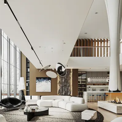 Modern Villa Living Room with High Ceiling and Minimalist Design 3d model
