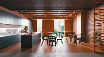 Modern Office Breakroom with Wooden Ceiling and Blue Cabinetry 3d model