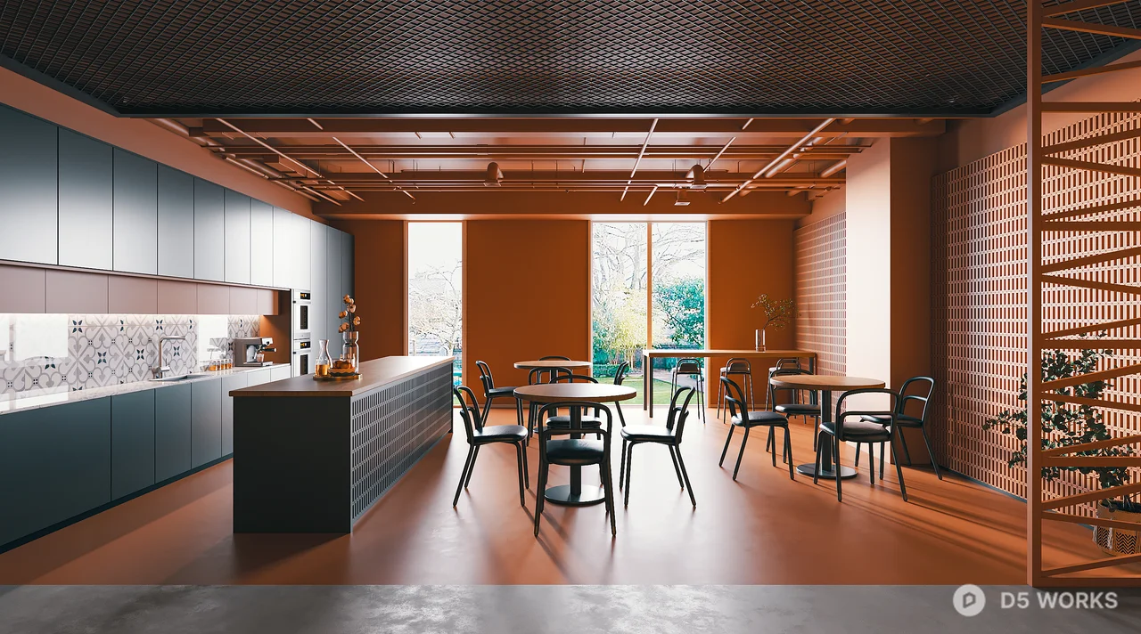 Modern Office Breakroom with Wooden Ceiling and Blue Cabinetry 3d model - Image 1