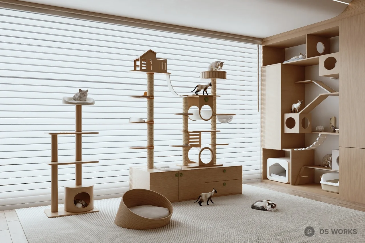 Minimalist Cat Playroom with Multi Level Climbing Structures 3d model - Image 1