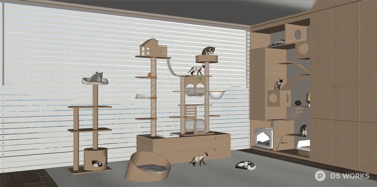 Minimalist Cat Playroom with Multi Level Climbing Structures 3d model thumbnail 2