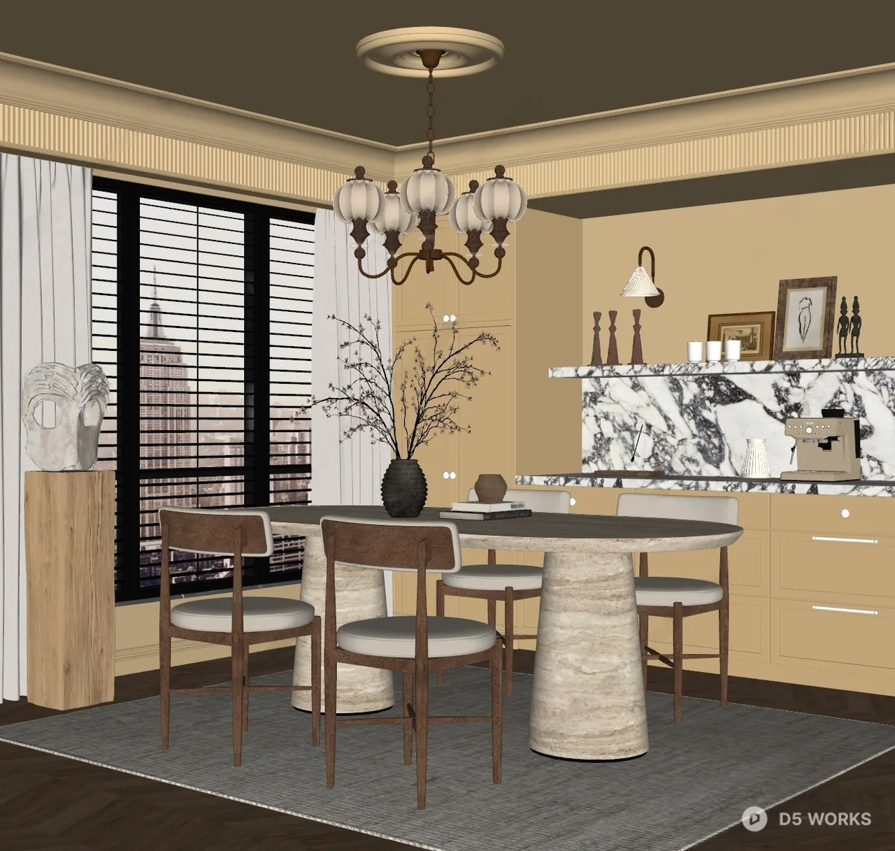 Modern Dining Room with Marble Accent Wall 3d model thumbnail 2