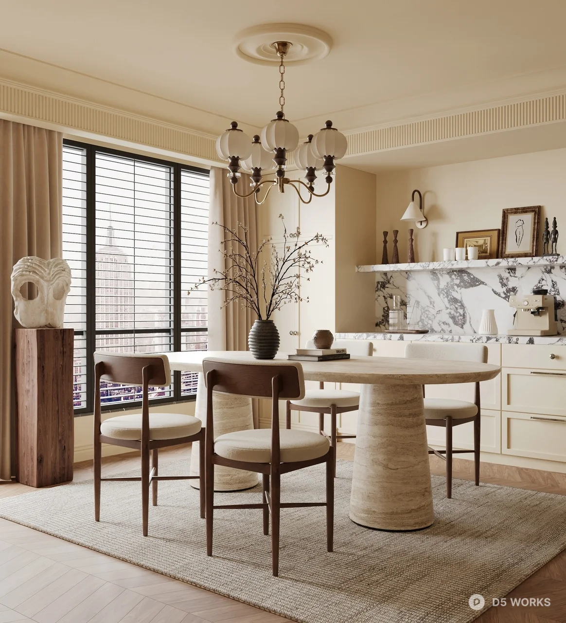 Modern Dining Room with Marble Accent Wall 3d model - Image 1