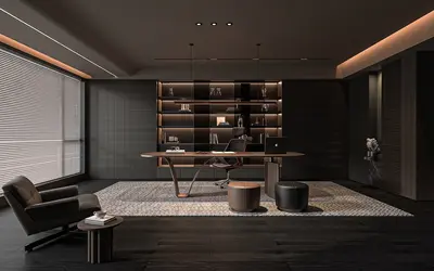 Minimalist Dark Tone Study Room With Integrated Bookshelf 3d model