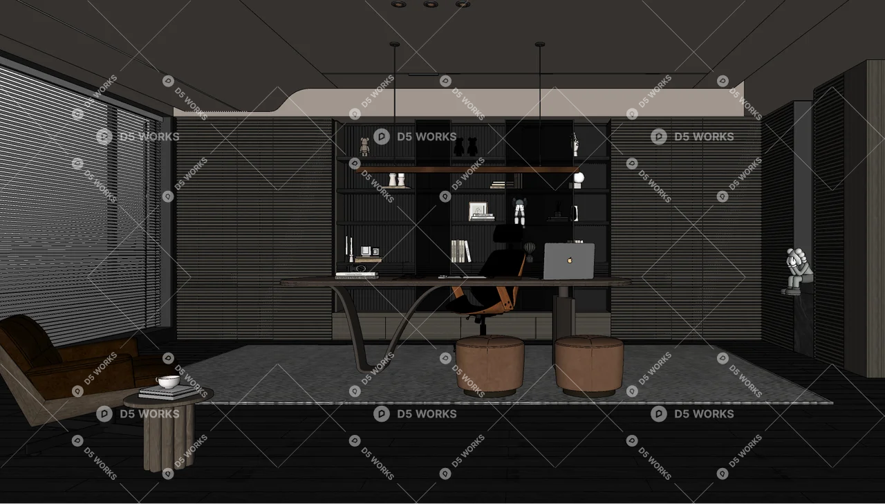 Minimalist Dark Tone Study Room With Integrated Bookshelf 3d model thumbnail 2