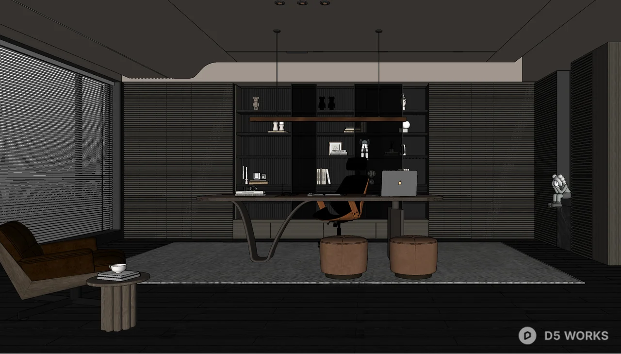 Minimalist Dark Tone Study Room With Integrated Bookshelf 3d model thumbnail 2