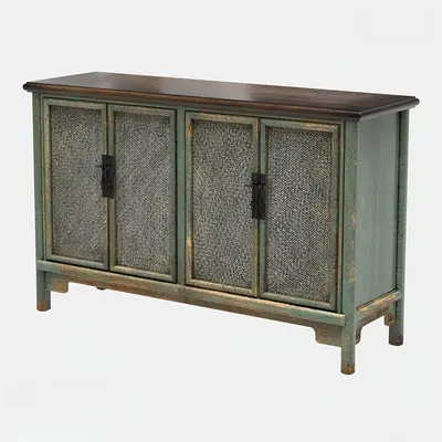 Distressed Green Storage Cabinet With Woven Mesh Doors 3d model