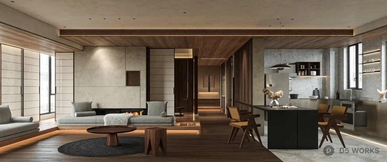 Modern Minimalist Living Dining Space With Wood Accents 3d model - Image 1