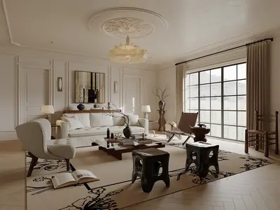 Elegant Living Room with Classic Sofa and Large Window 3d model