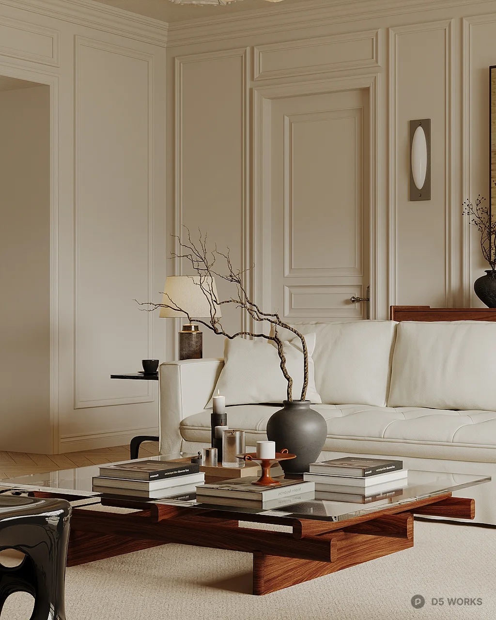 Elegant Living Room with Classic Sofa and Large Window 3d model thumbnail 3
