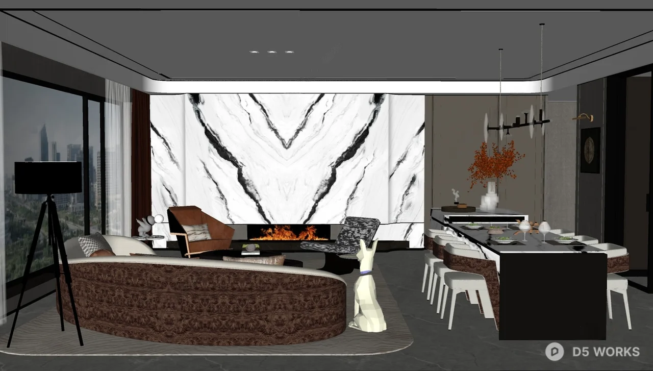 Modern Living Dining Space with City View 3d model thumbnail 2