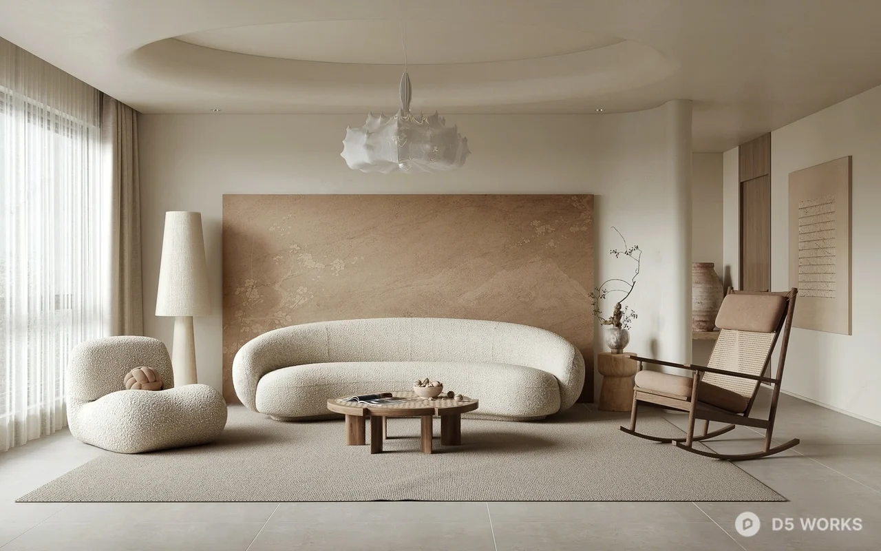 Minimalist Living Room with Curved Sofa 3d model - Image 1